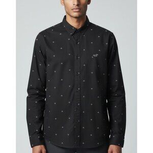 Hollister Slim Fit Epic Flex Shirt Mens M Black Cotton Button-Up With Embroidere